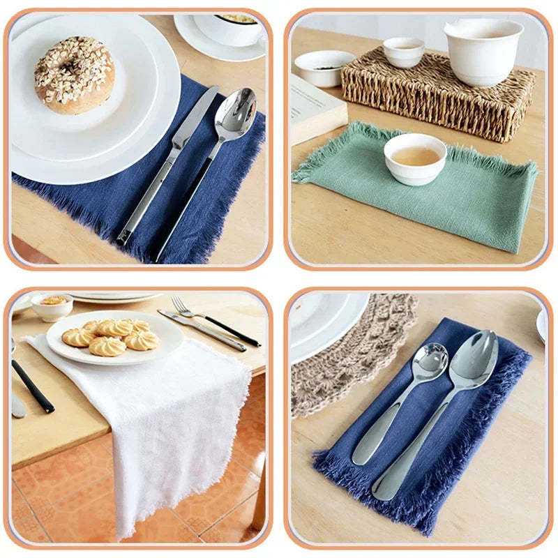 serviettes table carrées franges bleu marine rose clair gris blanc vert pastel moderne rustique