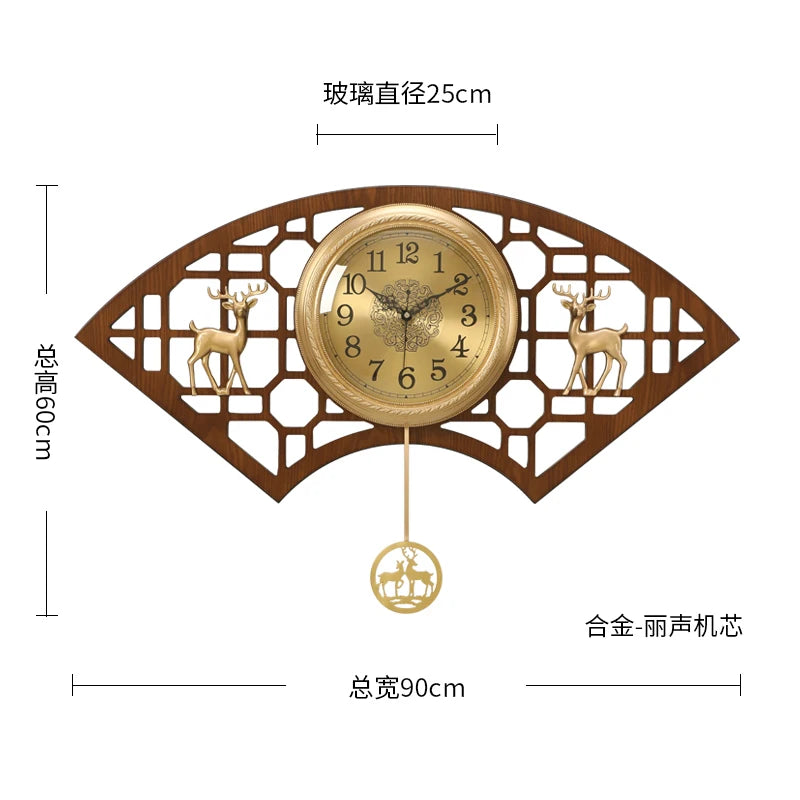 horloge murale chinoise traditionnelle asiatique ventilateur cerf floral marron doré salon