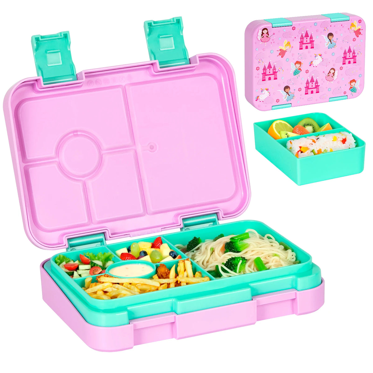 boîtes lunch violet rose bleu clair licorne princesse sirène compartiments couvercle poignées détachables modernes