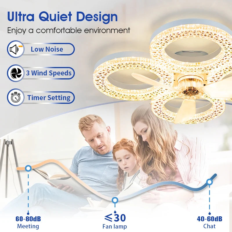 ventilateur plafonnier moderne blanc strass télécommande led vitesses minuterie lumières
