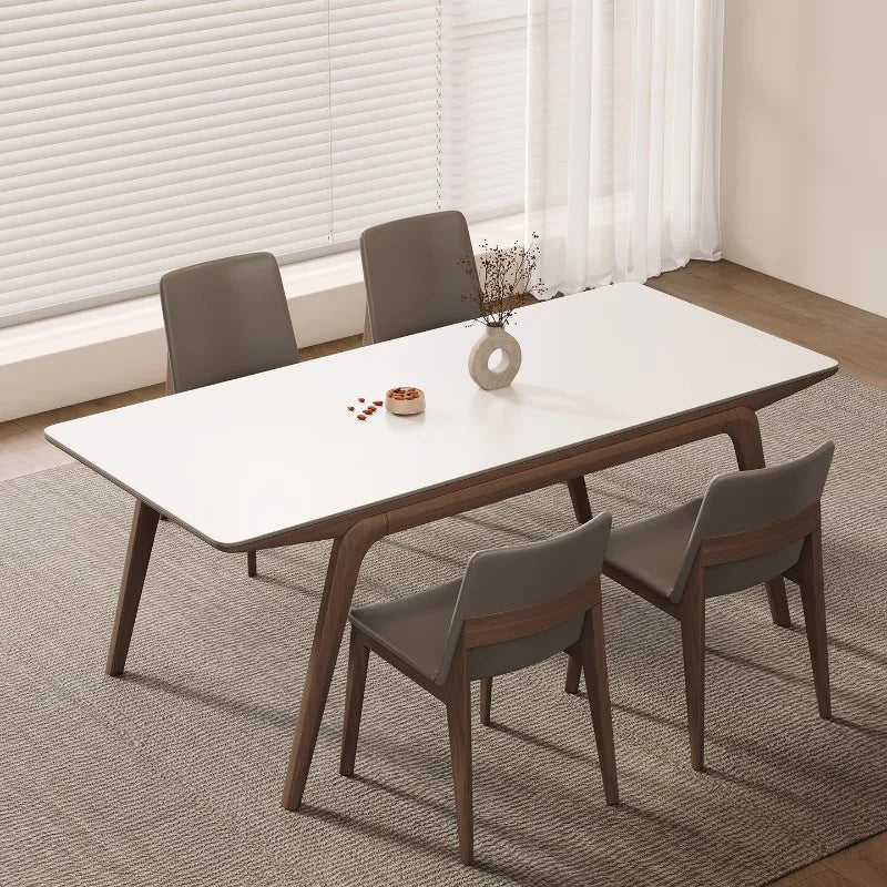 table manger moderne rectangle plateau blanc structure bois chaises gris decoration minimaliste blanc bois