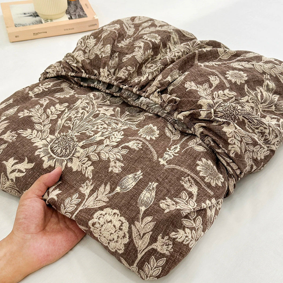 housse matelas coton lin plaid fleurs papillons moderne beige marron blanc double oreillers