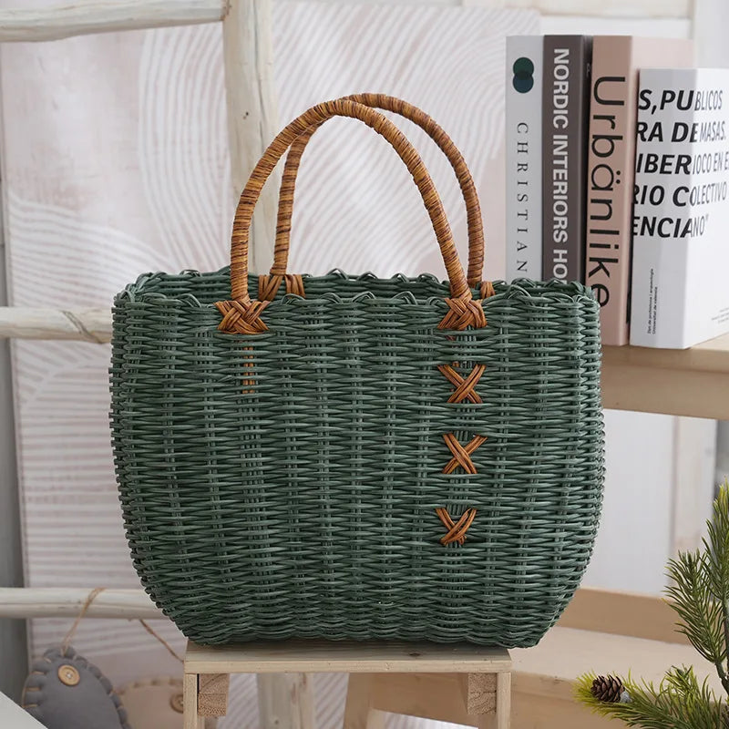 panier osier réutilisable vert rose moderne chic poignées détachables respectueux environnement utilisation multiple