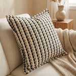 housse coussin carré rayé moderne nordique 100 polyester beige noir opacité bordure chenille 45x45cm