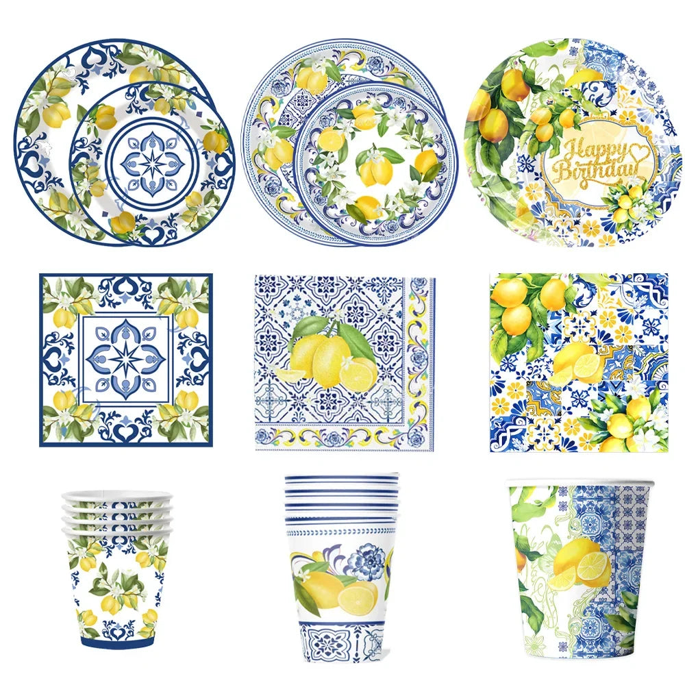 assiettes papier citron motif floral serviettes nappe bleu blanc anniversaire mariage décoration événement festif