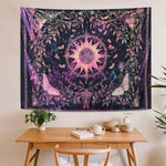 tapisserie boho floral papillons pentagramme galaxie violet noir rose blanc salon chambre