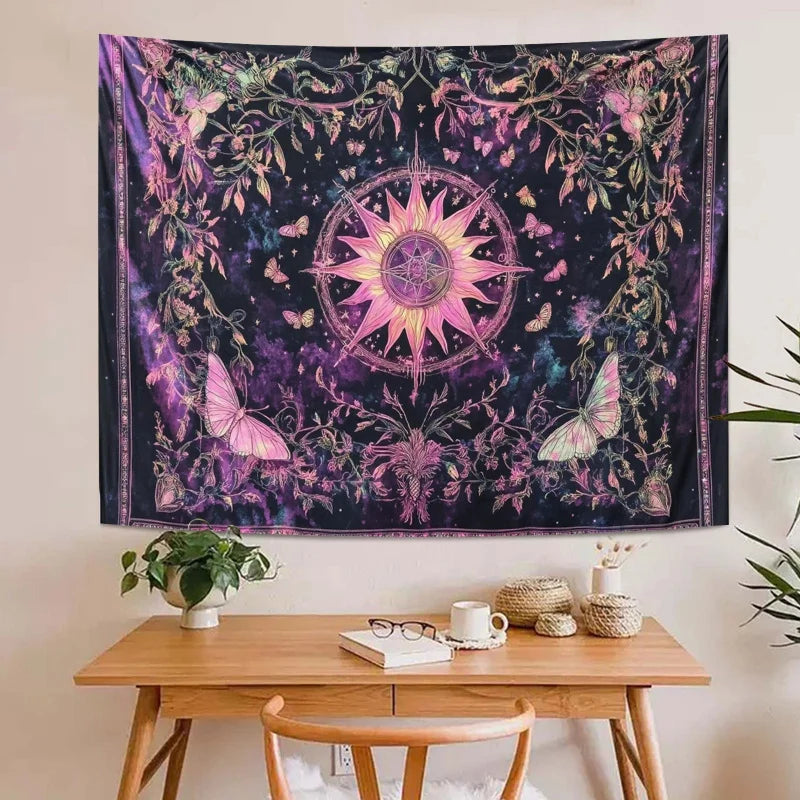 tapisserie boho floral papillons pentagramme galaxie violet noir rose blanc salon chambre