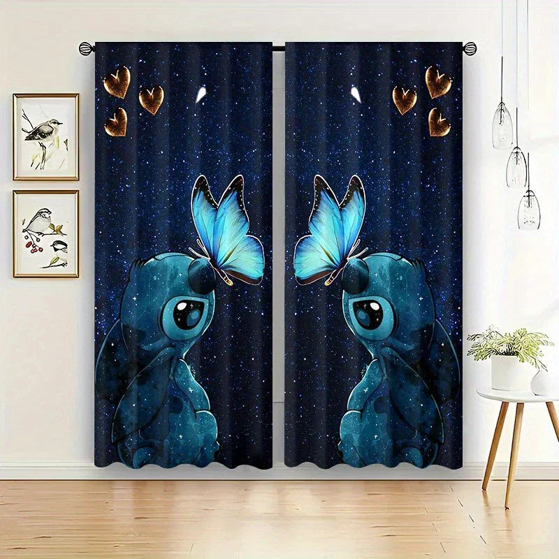 rideaux imprimés nuit étoilée papillons enfant bleu or décoratif rod pocket polyester moderne