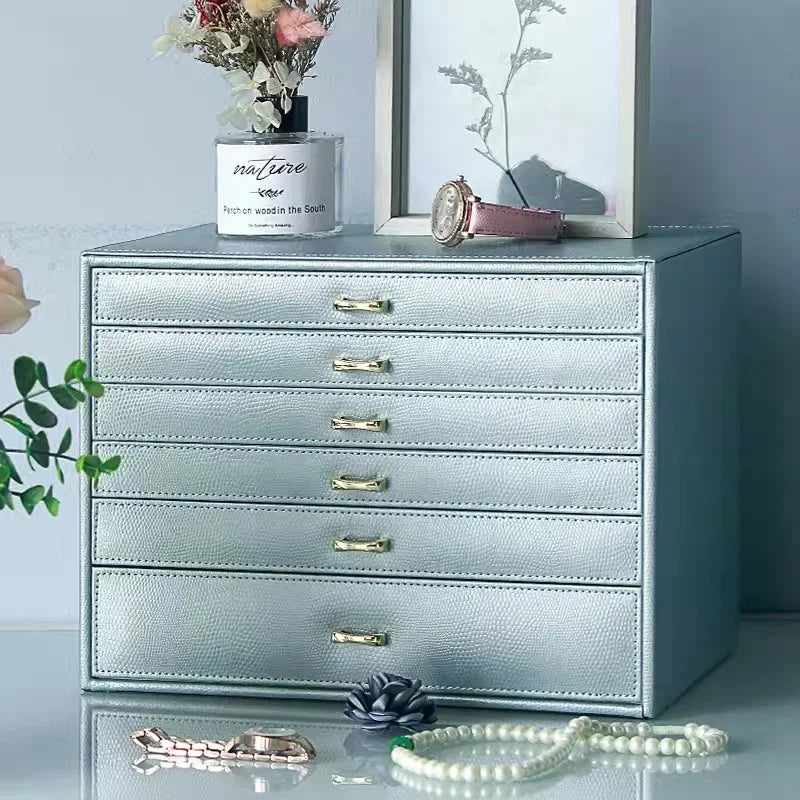 boîte bijoux cuir vert pastel compartiments velours classique poignées dorées grands bijoux rangement transporte