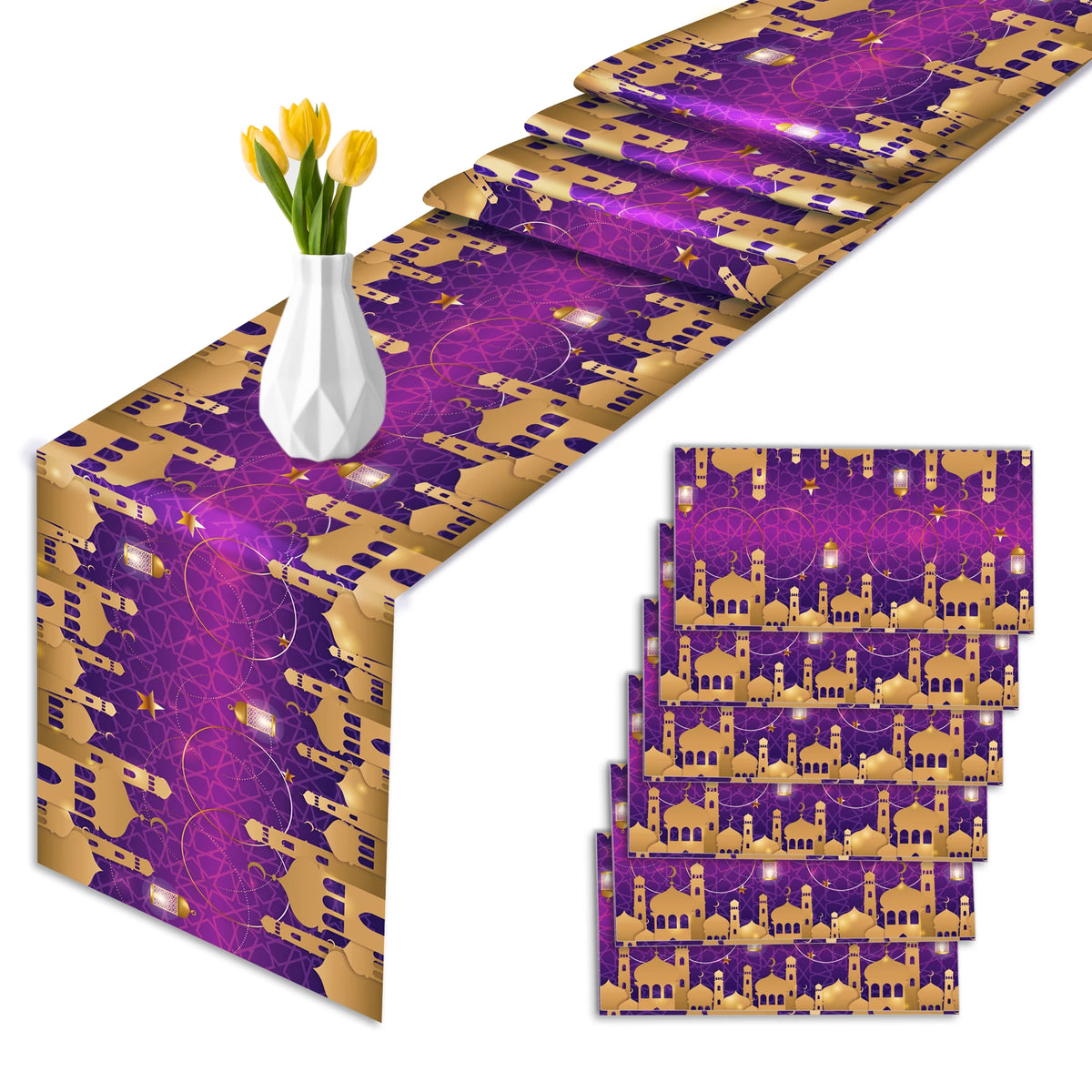 nappes chemins table motifs islamiques ramadan decoratives festives or bleu marine violet emeraude rouge