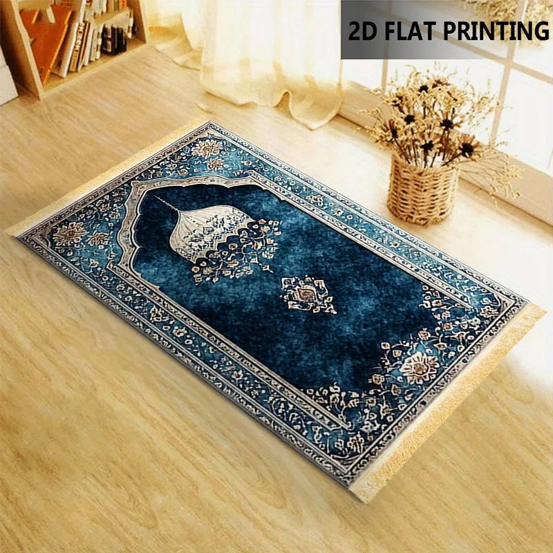 tapis prière islamique bleu foncé motif géométrique polyester résistant décoloration usage extérieur voyage