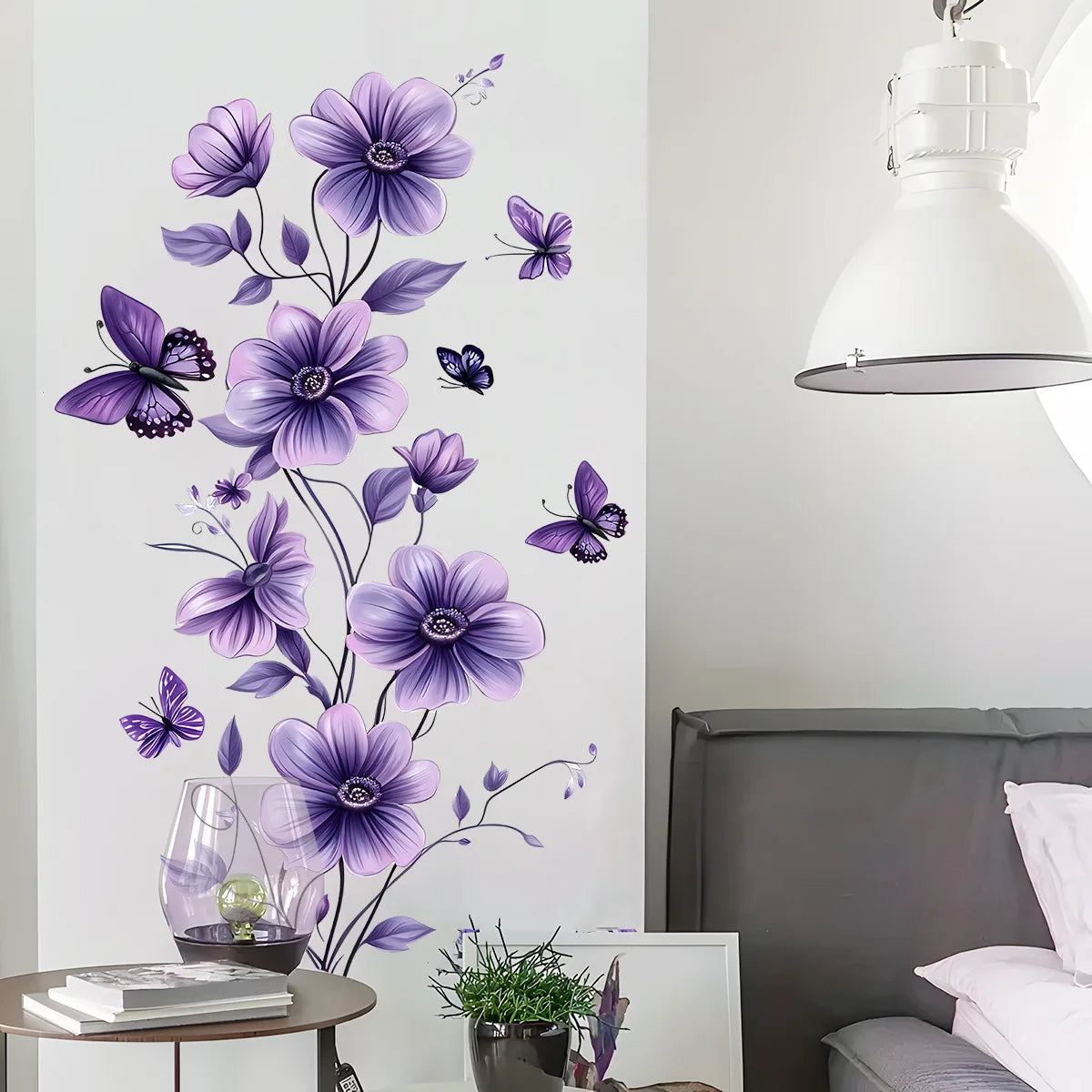 sticker mural adhésif fleurs violettes papillons floral romantique décoration intérieure accessoires maison chambre salon