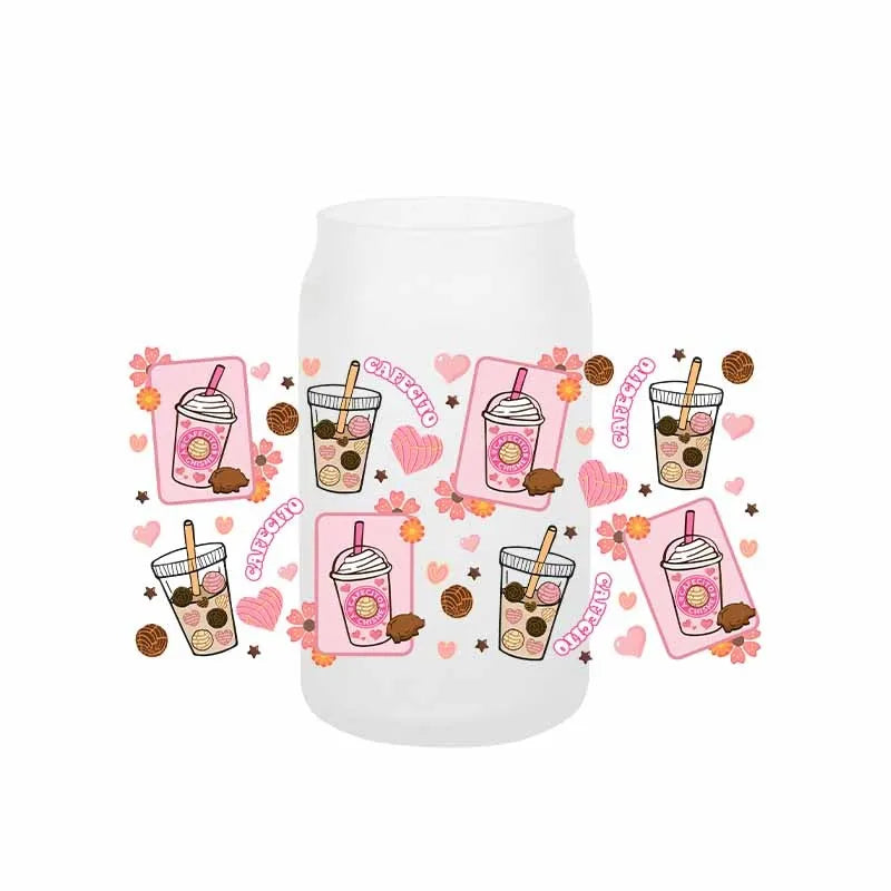 autocollants transfert motif coeurs boissons cartoon transparent opaques tasses croissants glaces bouteille verre couvercle