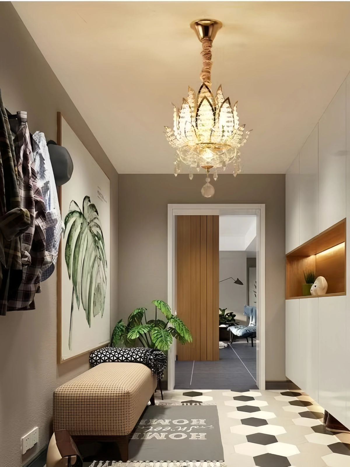 lustre pendentif crystal feuilles lotus doré éclairage led touch switch élégant salon chambre