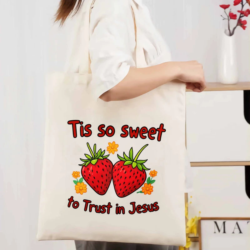 sac main toile beige fraises fleurs texte jésus poignées réutilisable écologique imprimé tridimensionnel
