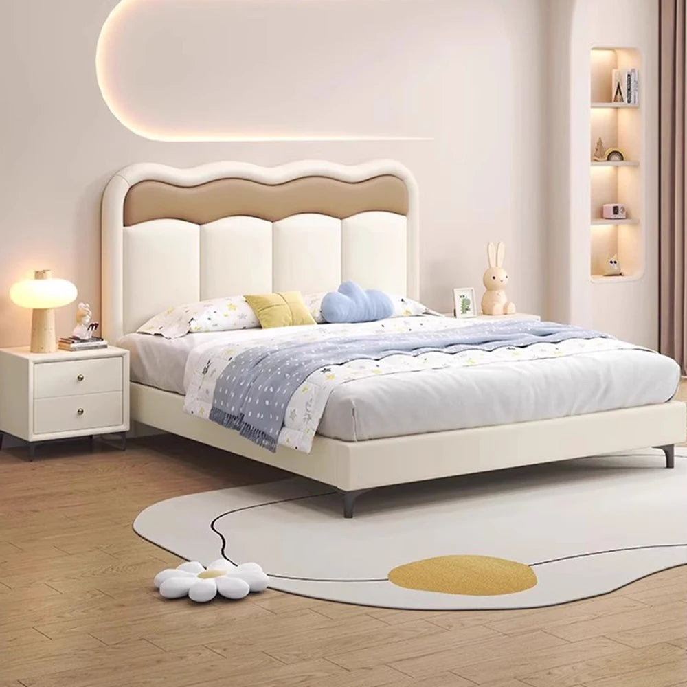 lit double moderne beige simili cuir oreiller coussin blanc dimensions 120x200cm
