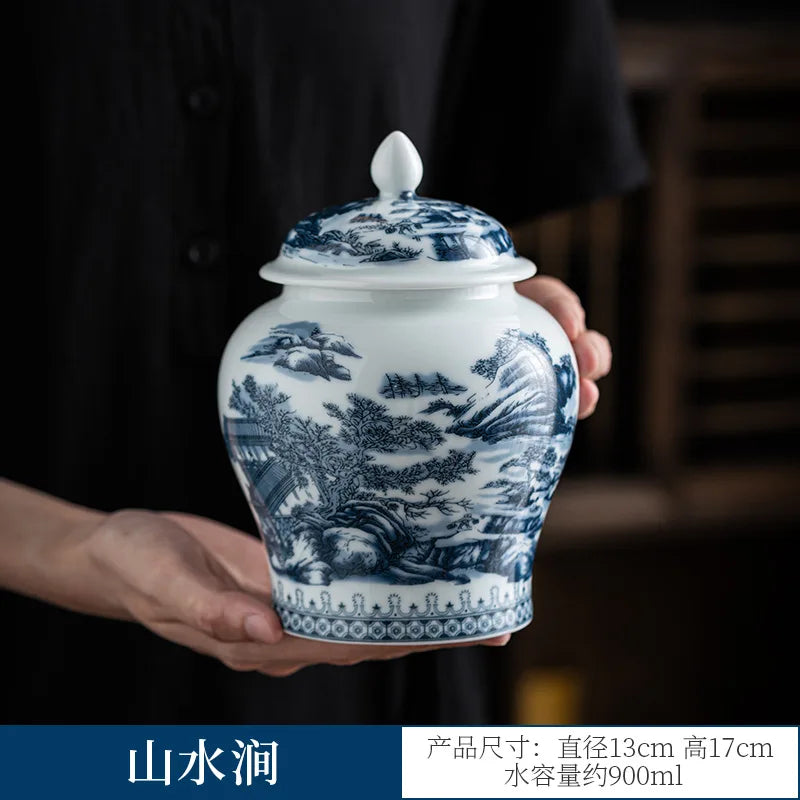 pot thé céramique blanc bleu paysage chinois couvercle fleurs montagnes arbre traditionnel