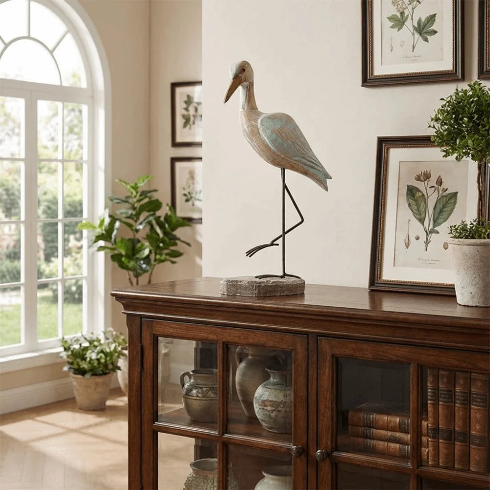 statue oiseau marin bois vieilli décoration héron rustique bleu brun patine métal noir