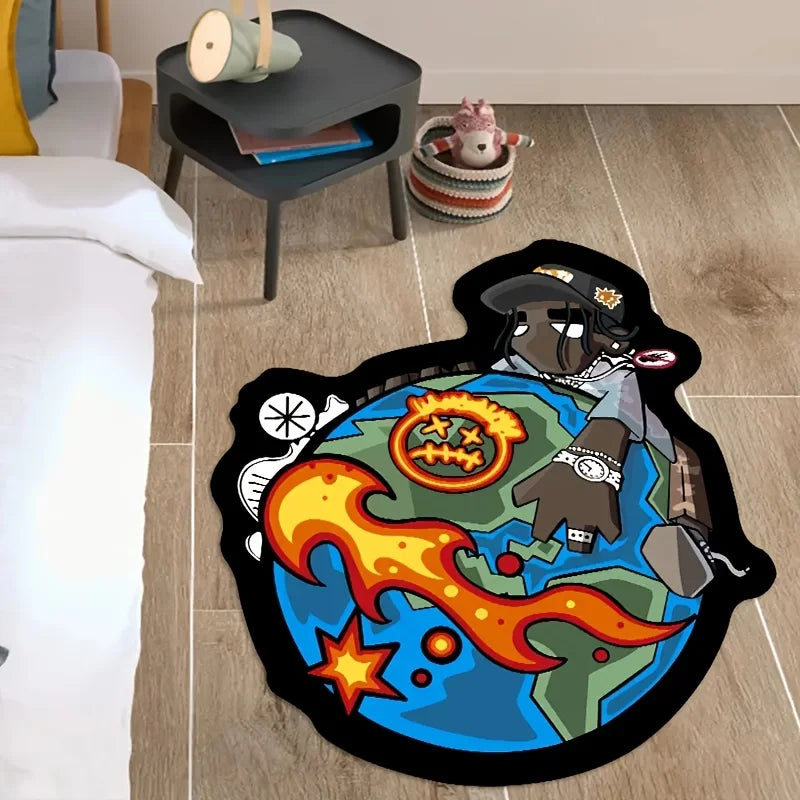 tapis graphique personnages terre flamme étoile moderne bleu orange noir