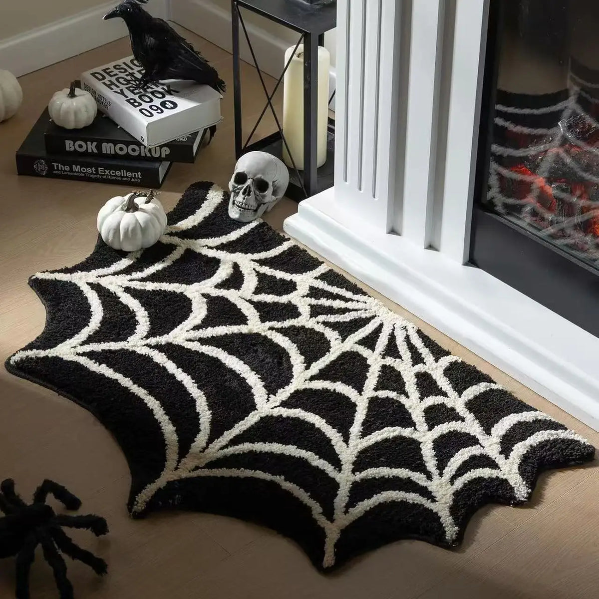 tapis noir blanc toile d'araignée halloween polyester antidérapant absorbant intérieur extérieur