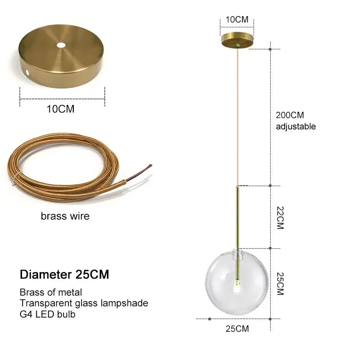 suspension lumineuse moderne transparente dorée brillante scandinave câble électrique fixée