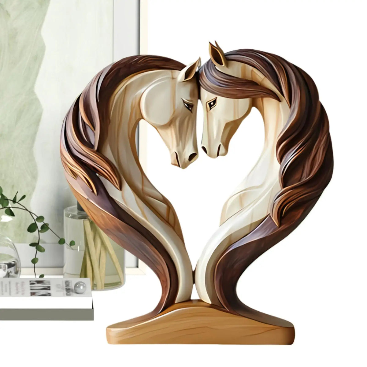 statue chevaux bois texture marron beige salon décoration artisanat moderne chambre accueil