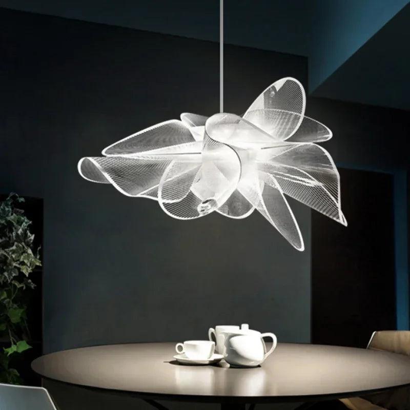 suspension lumineuse contemporaine blanc translucide floral abstraite filigrane minimaliste chambre salon
