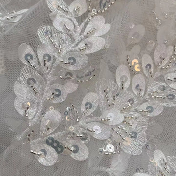 tissu décoratif gris clair feuilles relief sequins semi transparent brodé élégant polyester 150cm 128cm