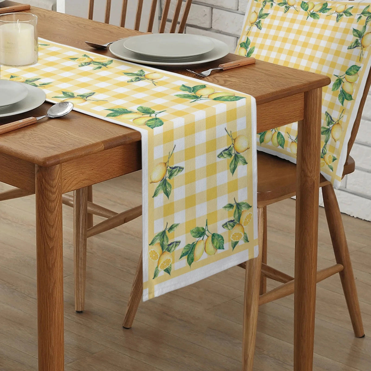 chinois plaid lin motif carreaux citron feuilles jaune blanc decoration table salle manger cuisine