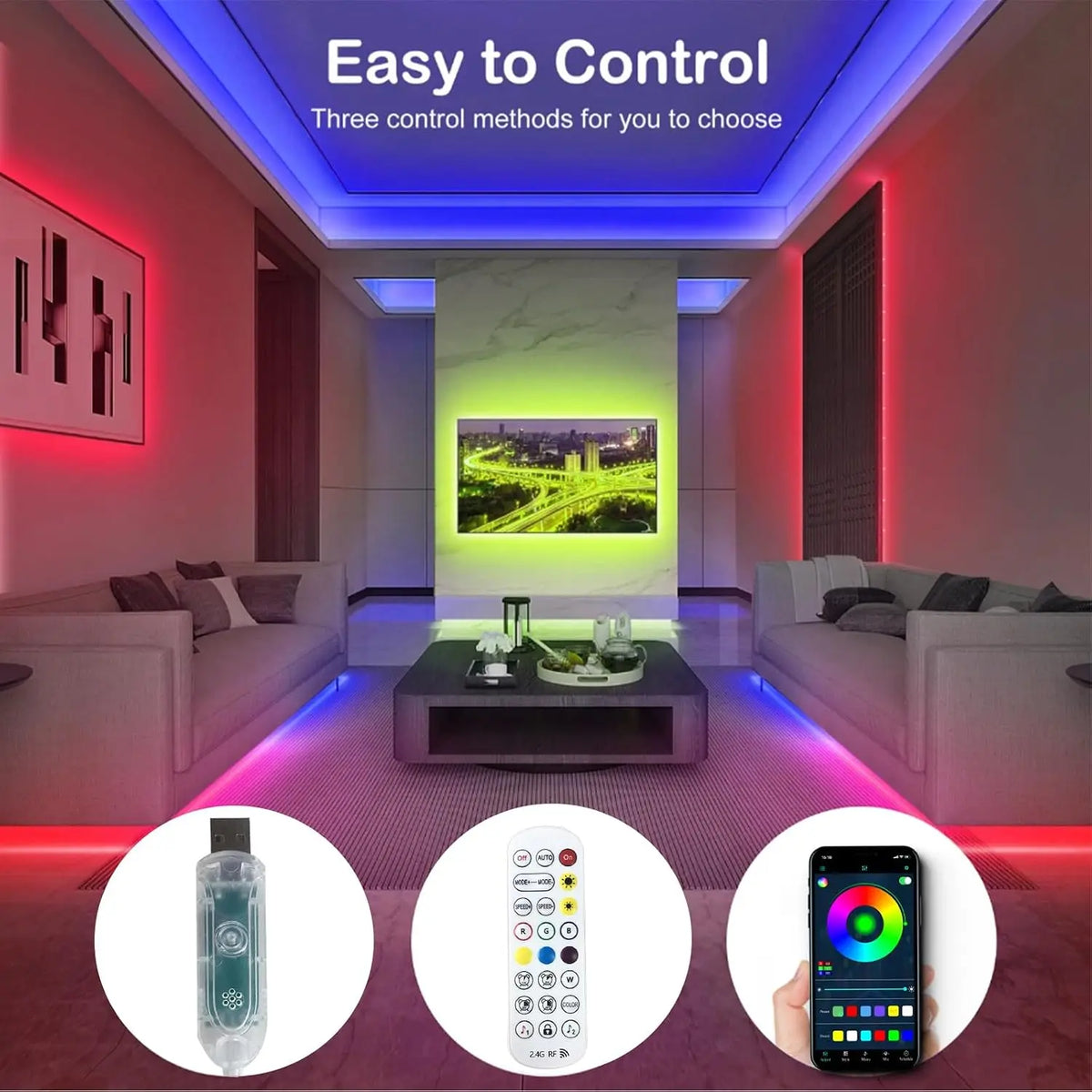 ruban led multicolore moderne synchronisation musique application bluetooth contrôleur usb télécommande rf