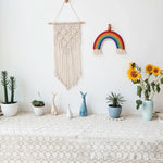 tapisserie murale macramé boho beige clair motif géométrique texture tissée crochet boisSuspensionruban