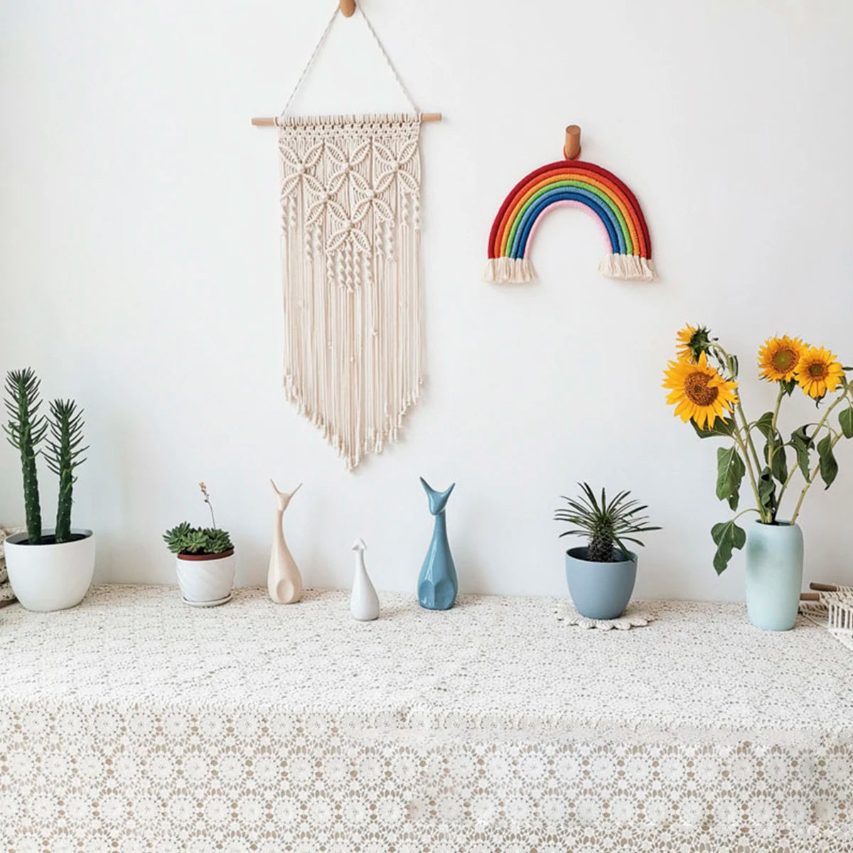 tapisserie murale macramé boho beige clair motif géométrique texture tissée crochet boisSuspensionruban
