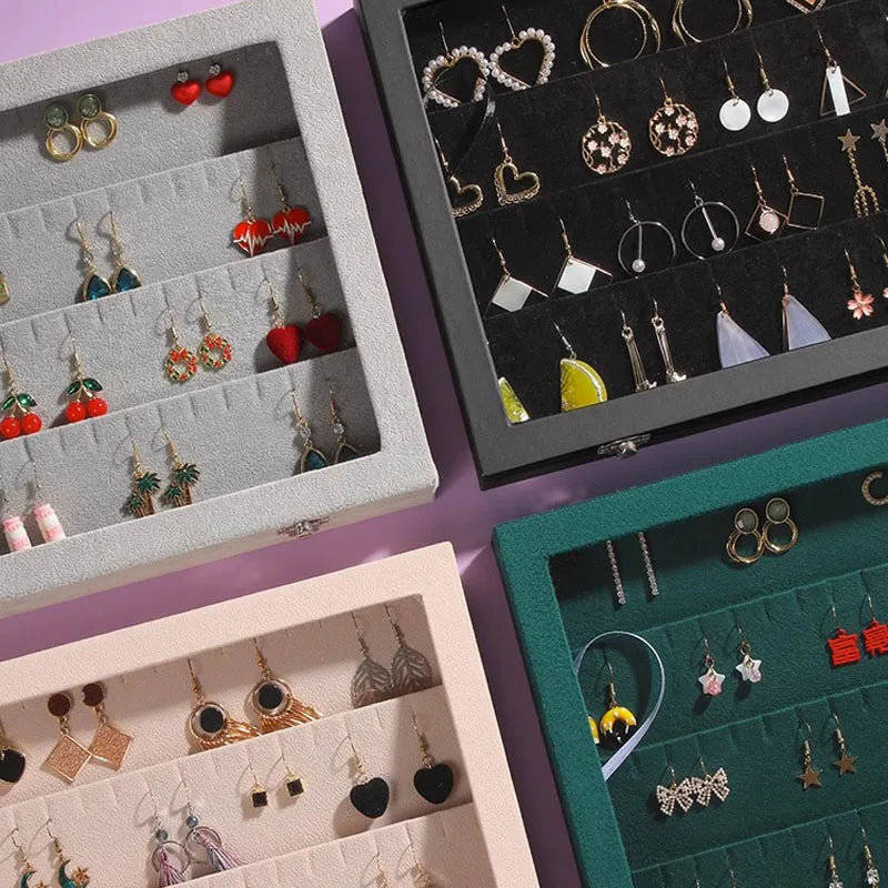 boîtes bijoux velours vert gris noir modernes poignées métalliques transparentes 32 boucles d'oreilles rangement