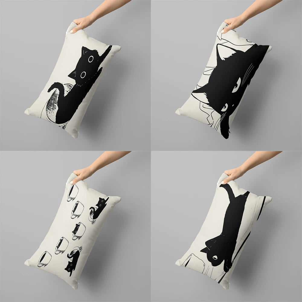 taie d'oreiller décorative blanche motif chat noir moderne lit salon maison coton polyester