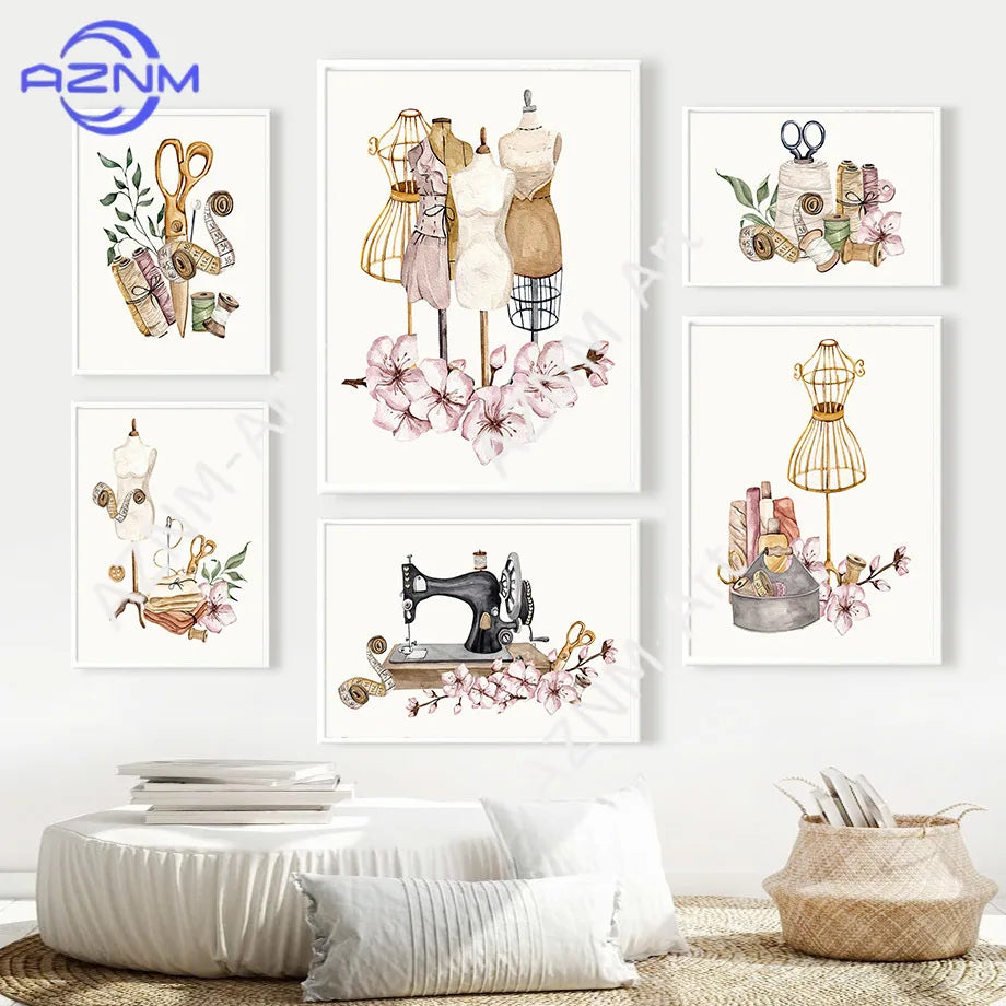 tableau mural toile art motif floral cage oiseaux moderne décoration salon beige rose