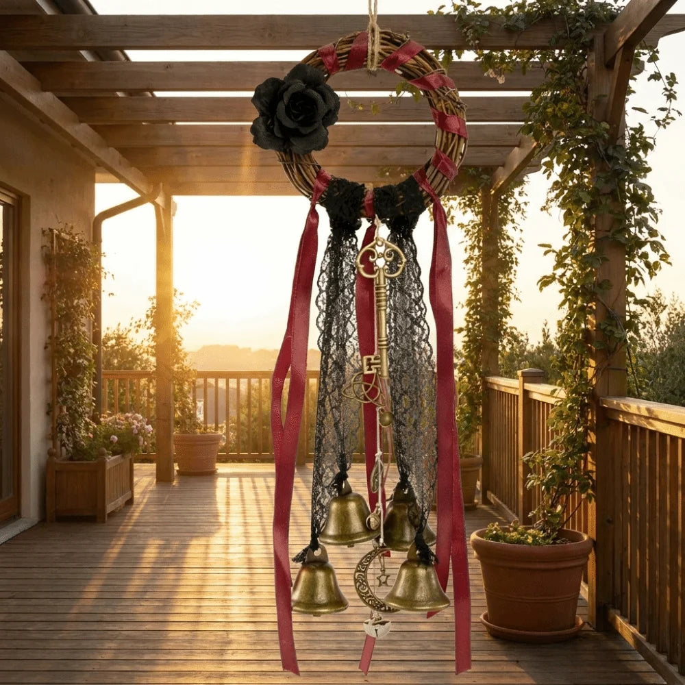 carillon éolien boho chic noir doré rouge cloches dentelle métal cuir floral anneau porte