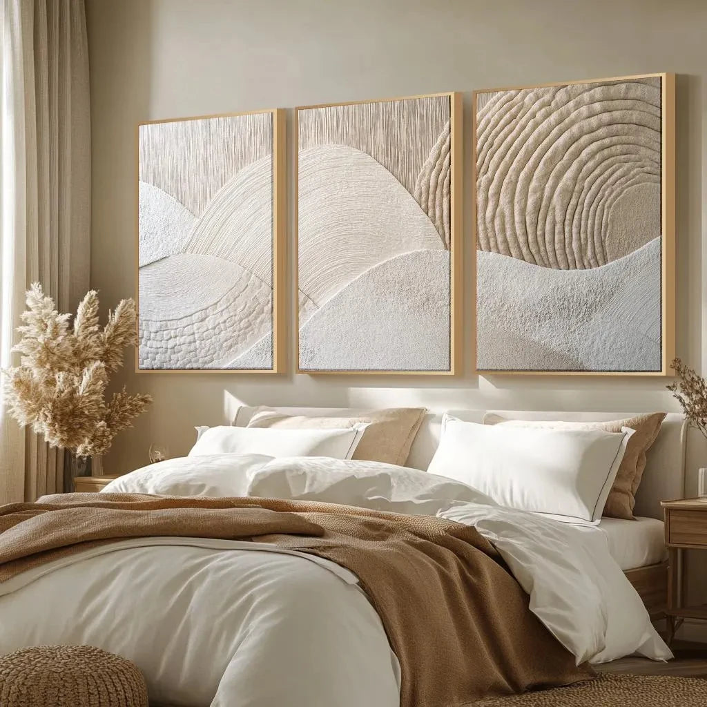 tableaux abstraits contemporains beige blanc lignes ondulées sans cadre salon chambre