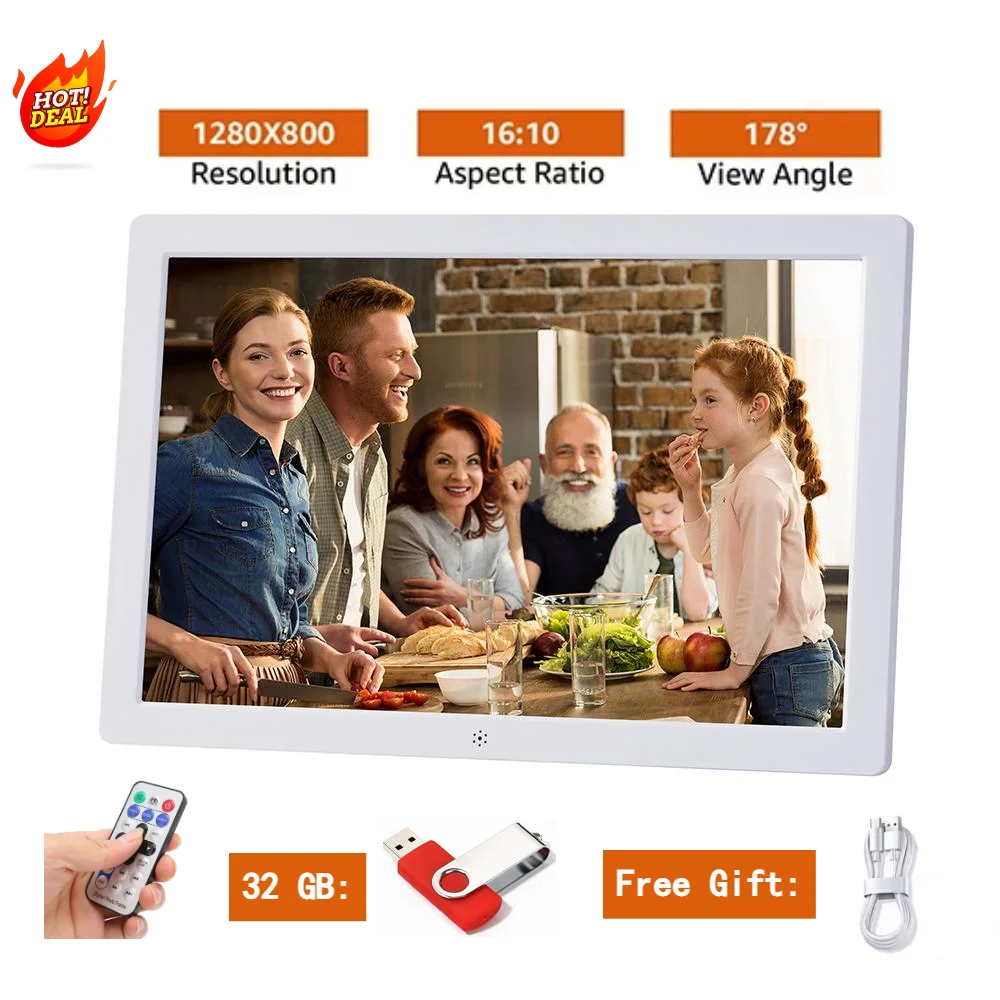 Cadre photo numerique blanc moderne famille télécommande lecture video horloge calendrier 1280x800