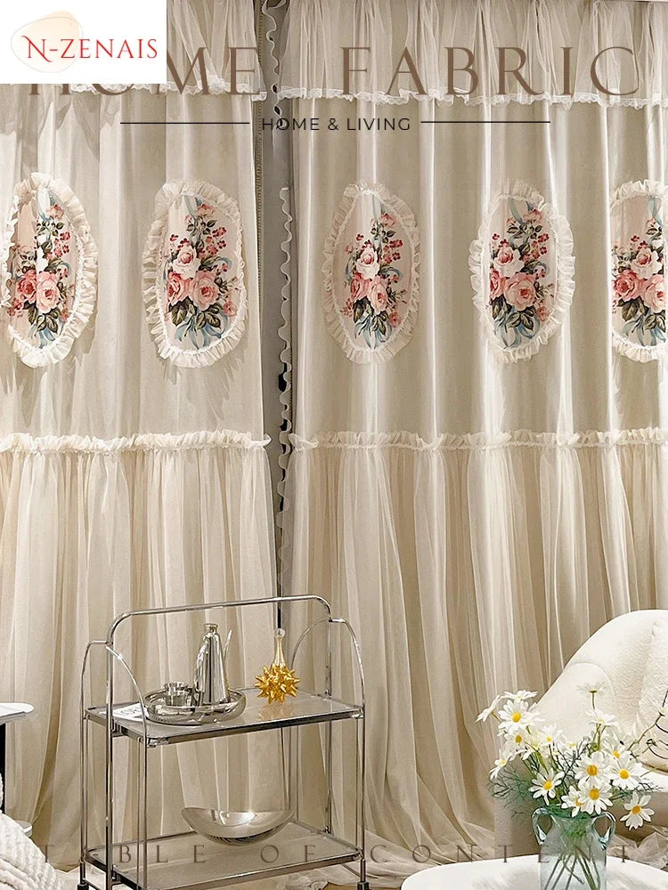 rideau fenêtre tulle brodé beige fleurs dentelle vintage romantique translucide salon chambre