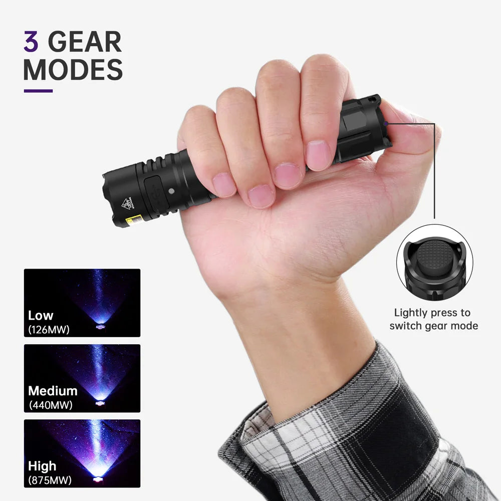 lampe poche uv rechargeable 365nm tactique ipx8 résistante l'eau modes puissance variable