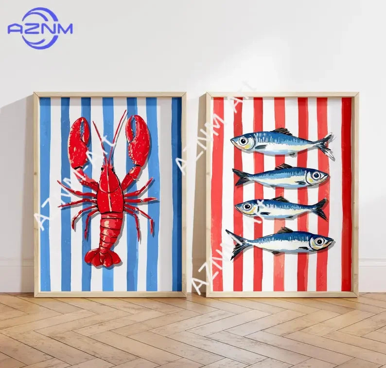tableau art marin homard poissons rouge bleu blanc toile cadre bois chambre salon decoration