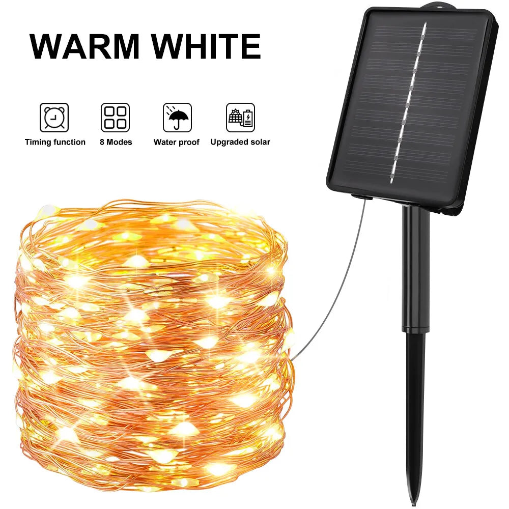 guirlande lumineuse solaire 200 leds multicolore 22m moderne métallique brillante imperméable