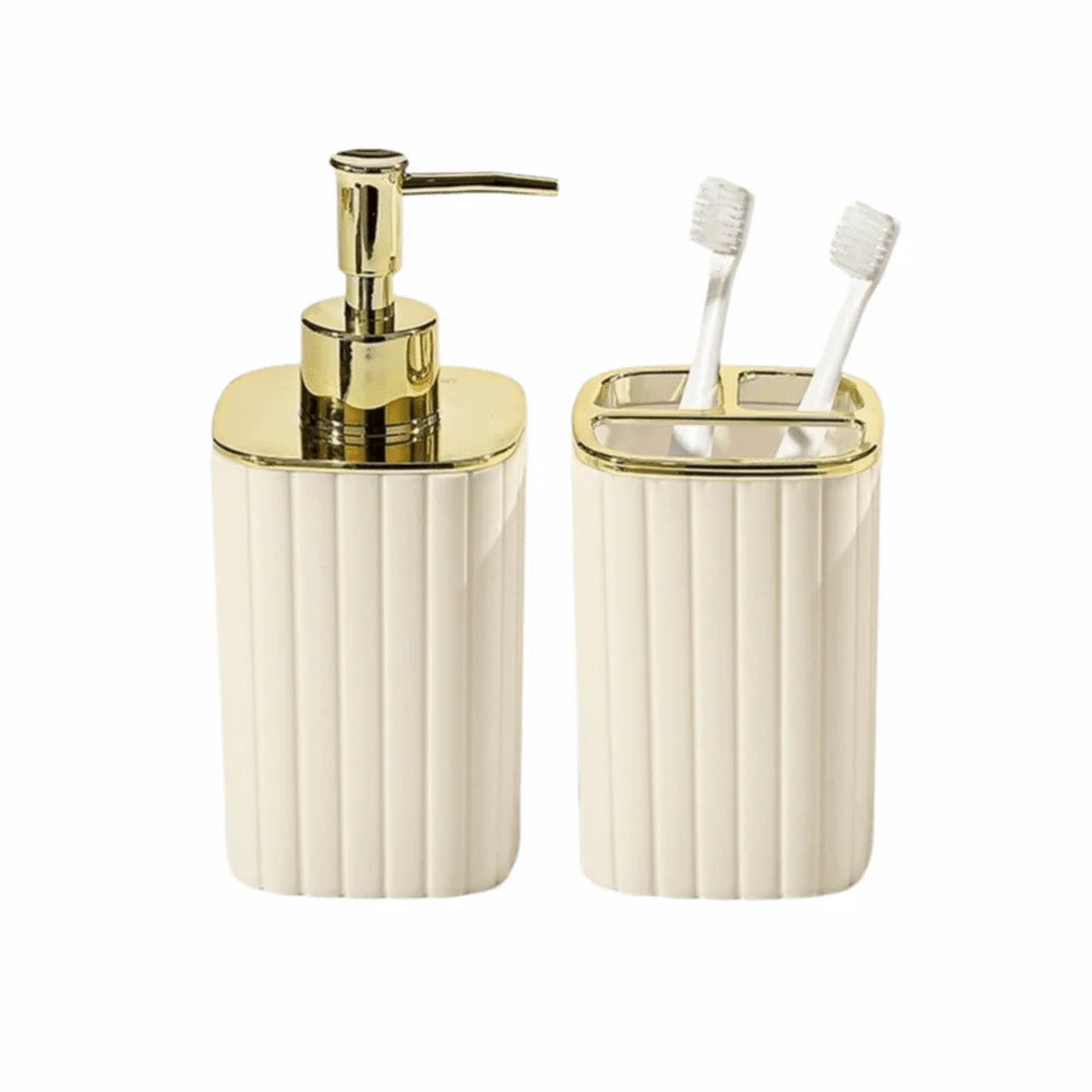 distributeur savon liquide porte brosses dents rayures verticales blanc beige vert foncé moderne élégant