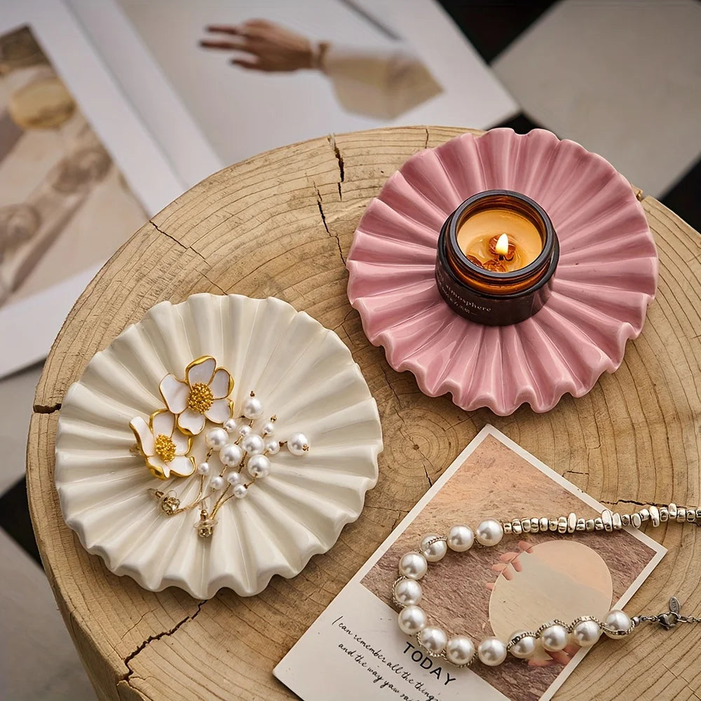 bol bijoux moderne céramique festonné rose blanc bohème chic assiette décorative texturée pearl minimaliste