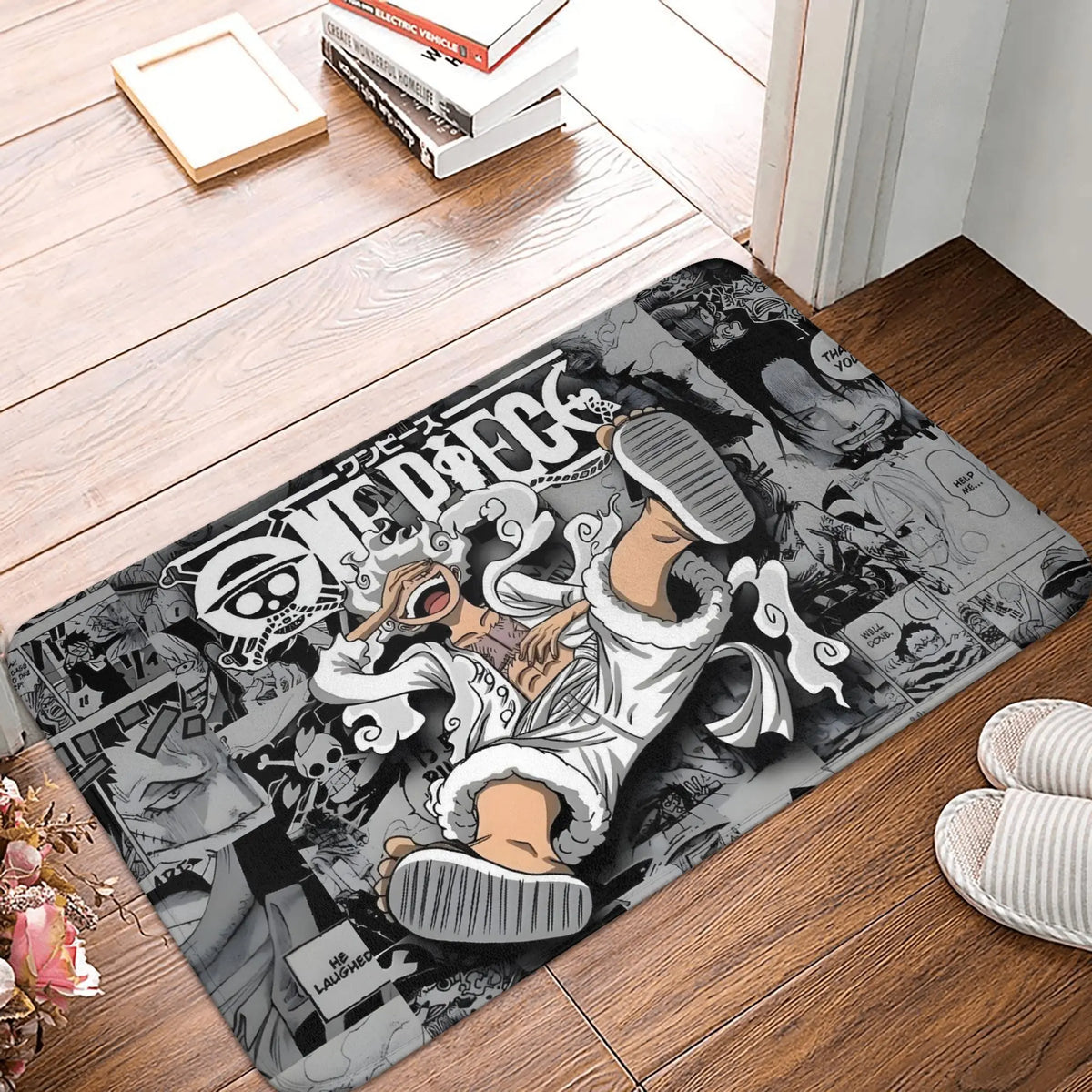 tapis sol antidérapant one piece zoro épées croisées moderne vert noir blanc