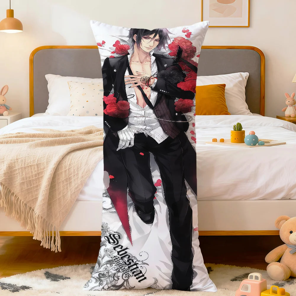coussin allongé anime violet bleu blanc fleurs stylisées personnages 100 polyester double face imprimé