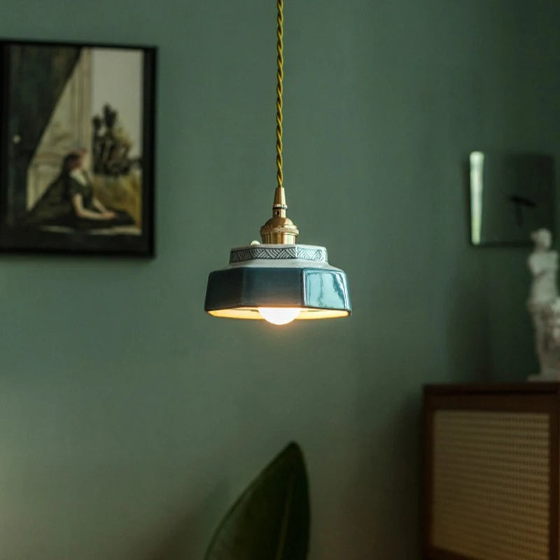 lampe suspendue moderne rouge bleu céramique motif géométrique vintage fleurs salon chambre restaurant