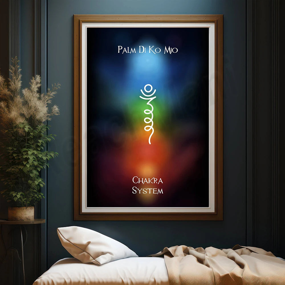 Affiche murale sur le système des chakras, avec le titre "Palm Di Ko Mio" et un symbolisme coloré représentant l'équilibre énergétique du corps.