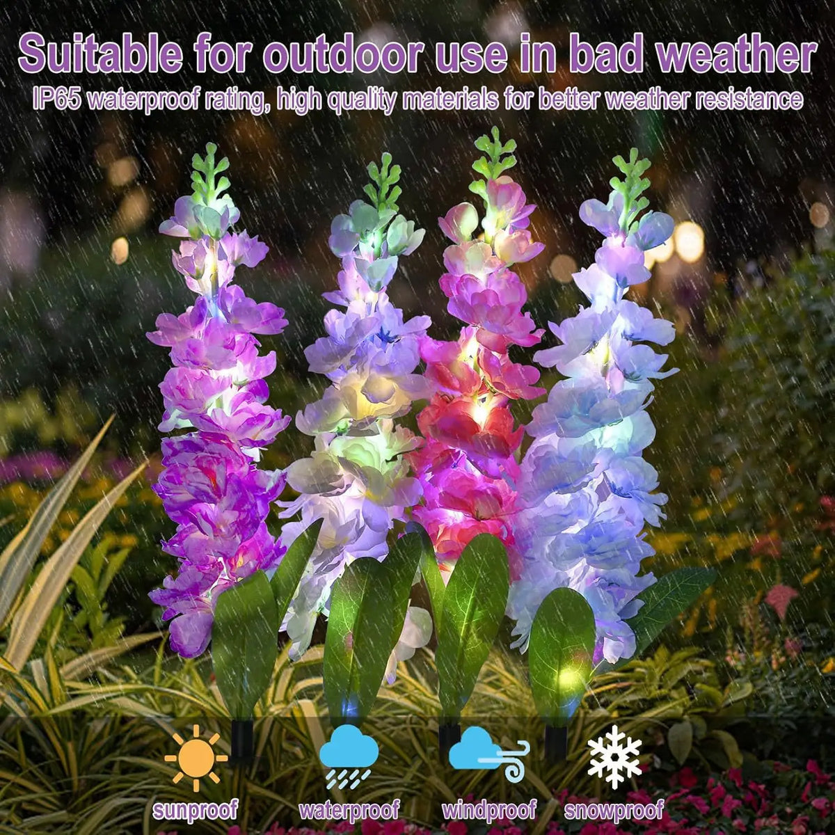 décoration extérieure fleurs lumineuses solaires jaune bleu rose violet piquet métallique moderne festive jardin