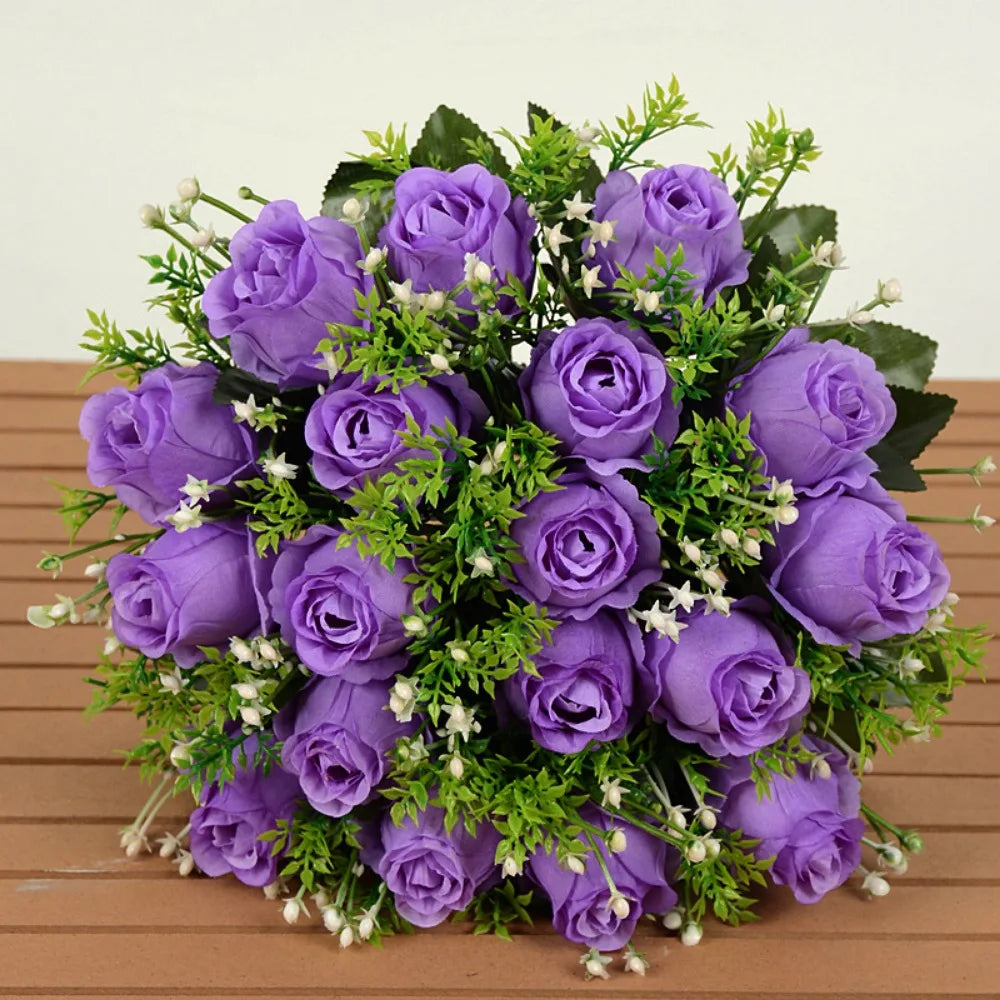 décoration intérieure bouquet roses artificielles 18 fleurs 37cm vert clair violet rose